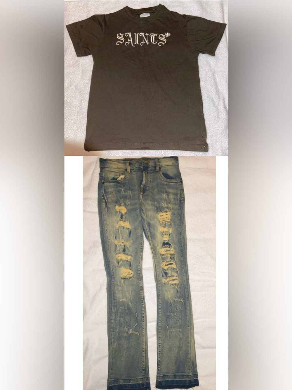 Kids Olive/Pine 'SAINTS' Graphic Tee with Distressed Stack Jeans (Matching Set)